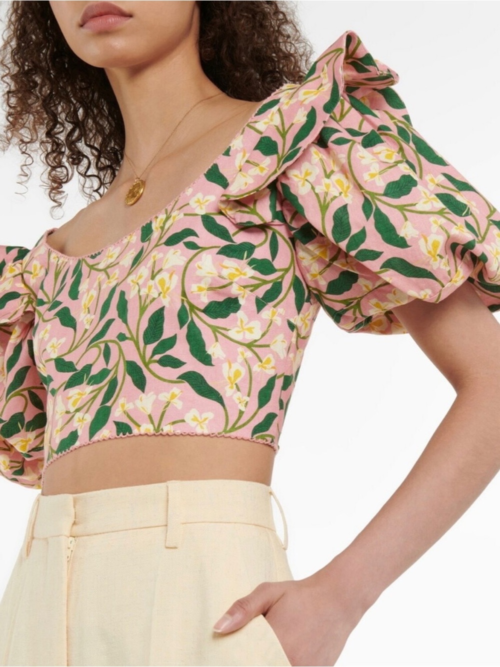 Agua Bendita Pink Floral Puff-Sleeve Crop Top